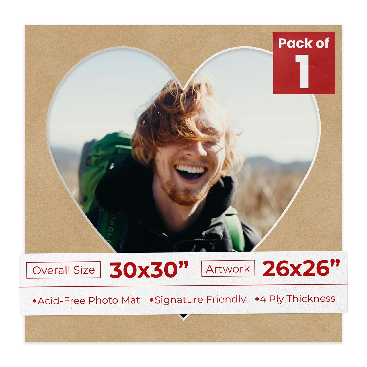 Beige Suede Mat Board for 30x30 Frames - Heart Opening for 26x26 Photos